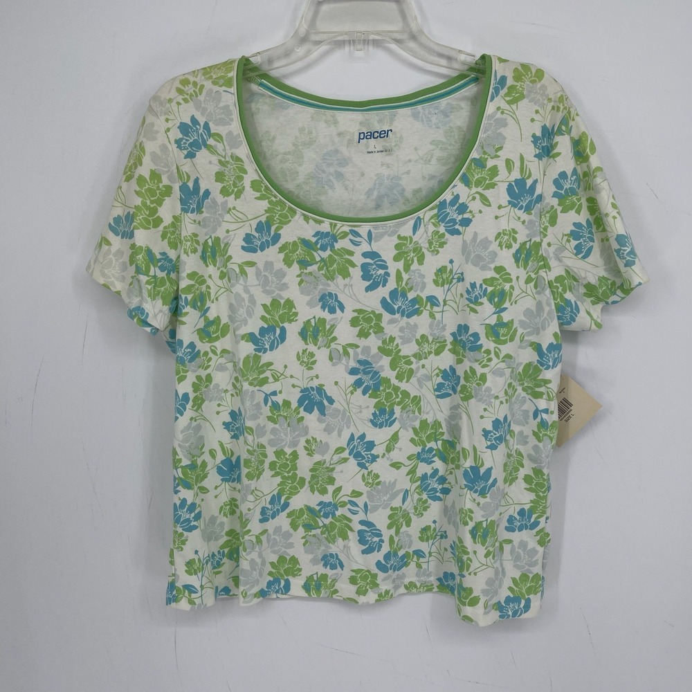 Pacer NWT Women's Green Blue Floral Scoop Neck Short Sleeve Top T-Shirt Size L
